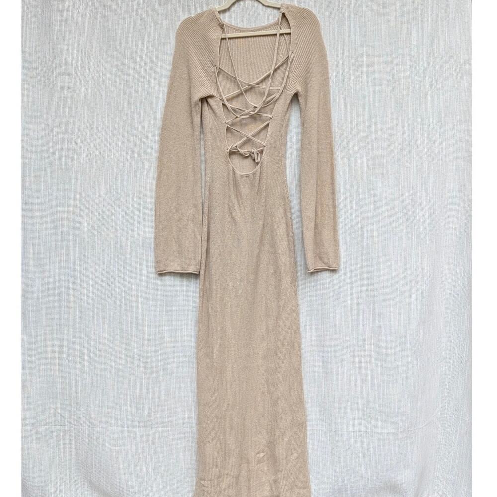 NA-KD Dress Womens M Beige Open Back Lace Detail Knitted Long Sleeve Maxi - Picture 4 of 11